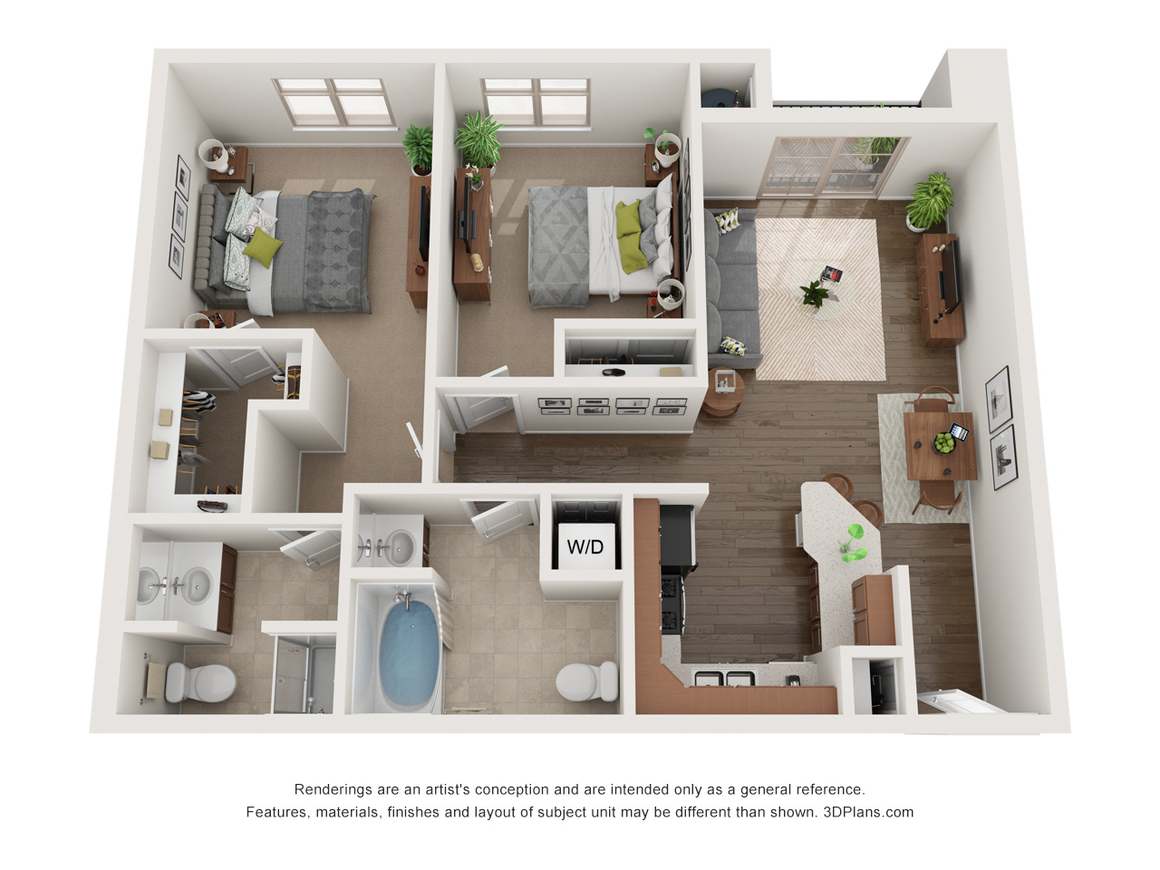 Floor plan for 2 beds, 2 baths, 983 sqft